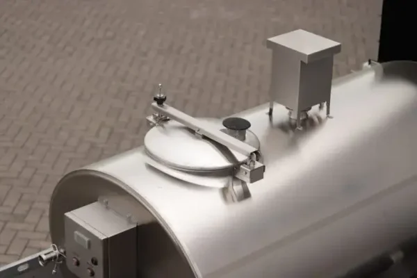 Mobiler Milchkühltank auf Anhänger – Draufsicht mit Einfüllöffnung und Deckel